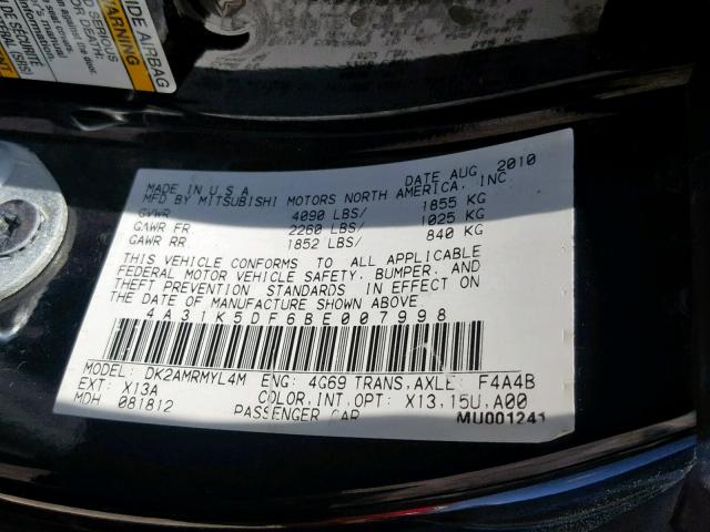 4A31K5DF6BE007998 - 2011 MITSUBISHI ECLIPSE GS BLACK photo 10