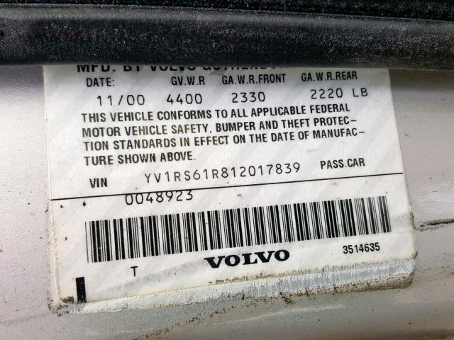 YV1RS61R812017839 - 2001 VOLVO S60 SILVER photo 10