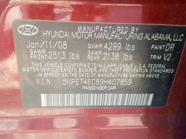 5NPET46C89H407859 - 2009 HYUNDAI SONATA GLS MAROON photo 10