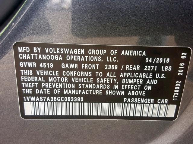 1VWAS7A35GC053380 - 2016 VOLKSWAGEN PASSAT S GRAY photo 10