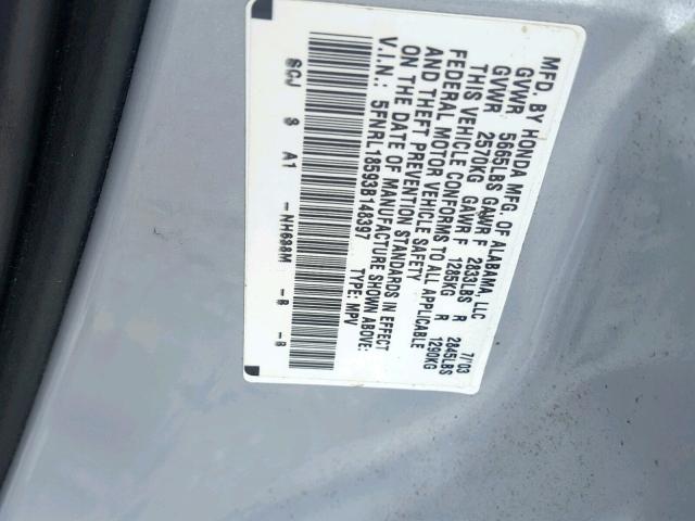 5FNRL18593B148397 - 2003 HONDA ODYSSEY LX SILVER photo 10