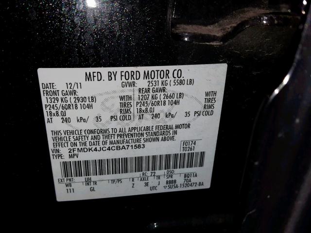 2FMDK4JC4CBA71583 - 2012 FORD EDGE SEL BLACK photo 10