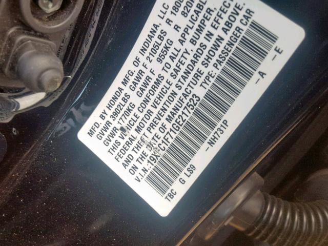 19XFC1F71GE217523 - 2016 HONDA CIVIC EXL 黑色 照片 10