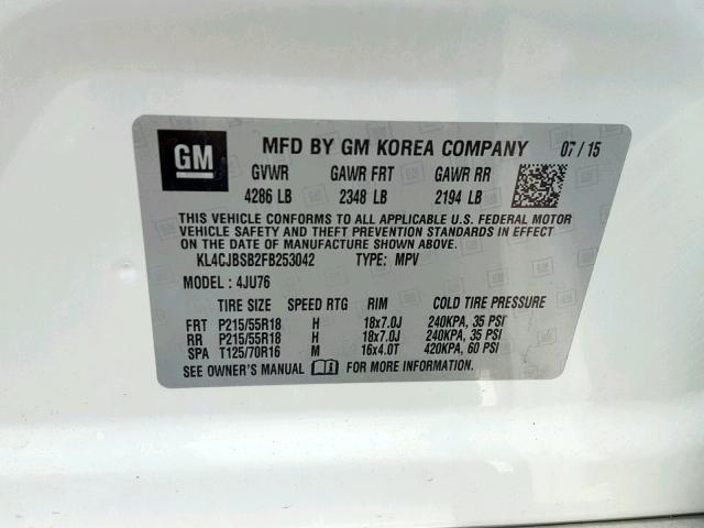 KL4CJBSB2FB253042 - 2015 BUICK ENCORE CON WHITE photo 10