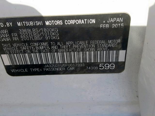 JA32U2FU5FU017993 - 2015 MITSUBISHI LANCER ES WHITE photo 10