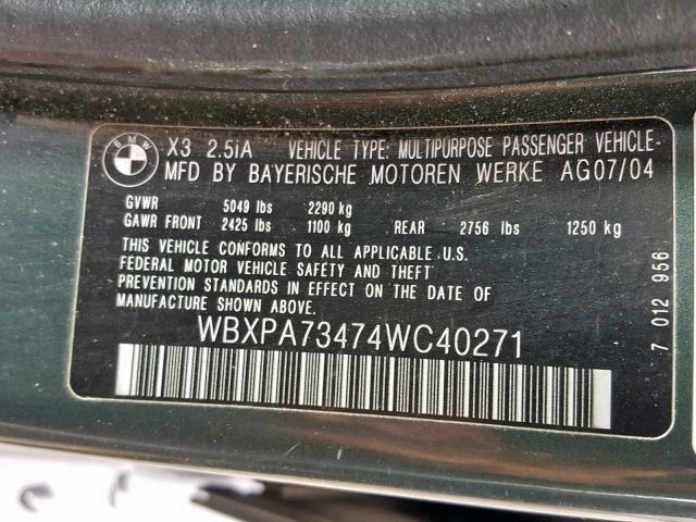 WBXPA73474WC40271 - 2004 BMW X3 2.5I GRAY photo 10