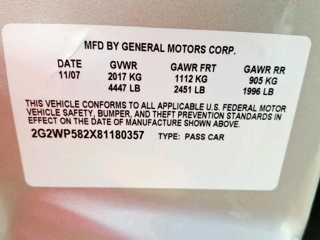 2G2WP582X81180357 - 2008 PONTIAC GRAND PRIX SILVER photo 10