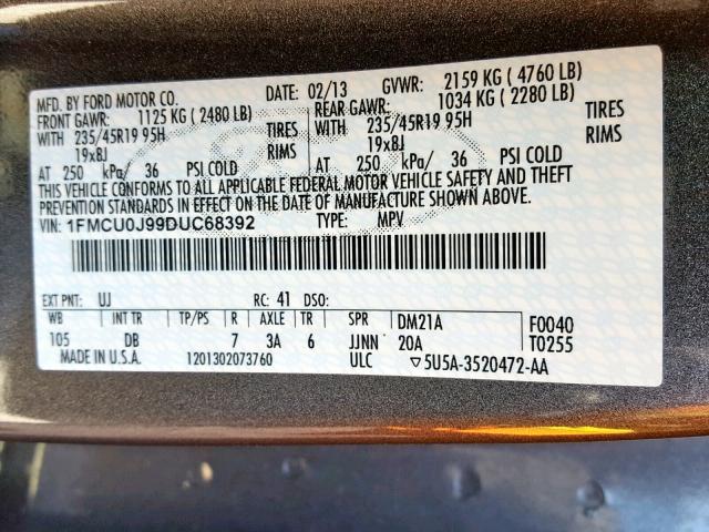 1FMCU0J99DUC68392 - 2013 FORD ESCAPE TIT GRAY photo 10