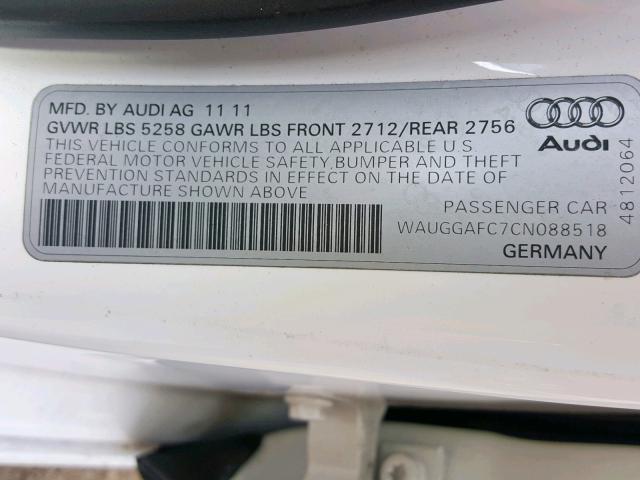 WAUGGAFC7CN088518 - 2012 AUDI A6 PREMIUM WHITE photo 10