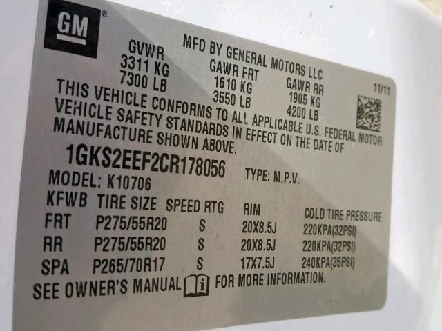 1GKS2EEF2CR178056 - 2012 GMC YUKON DENA WHITE photo 10