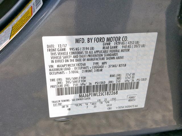 MAJ6P1WL2JC182268 - 2018 FORD ECOSPORT T GRAY photo 10