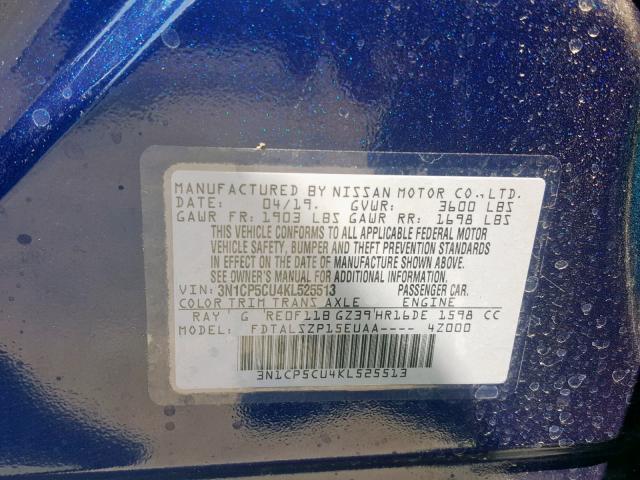 3N1CP5CU4KL525513 - 2019 NISSAN KICKS S BLUE photo 10