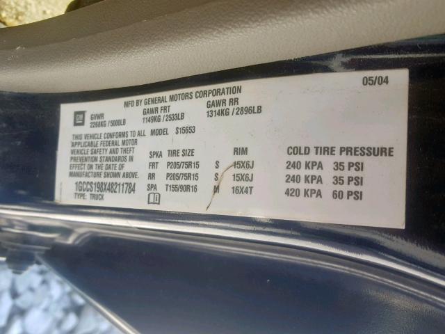 1GCCS198X48211784 - 2004 CHEVROLET COLORADO BLUE photo 10