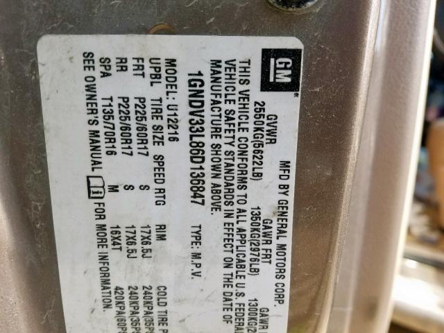 1GNDV33L86D136847 - 2006 CHEVROLET UPLANDER L 棕色 照片 10