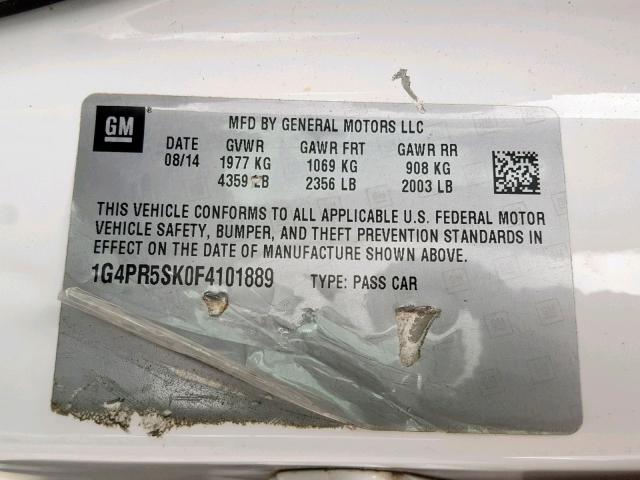 1G4PR5SK0F4101889 - 2015 BUICK VERANO CON WHITE photo 10