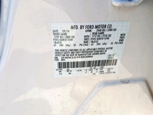 2FMDK3JCXEBB36868 - 2014 FORD EDGE SEL WHITE photo 10