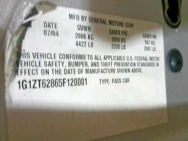 1G1ZT62875F123781 - 2005 CHEVROLET MALIBU MAX 银色 照片 10