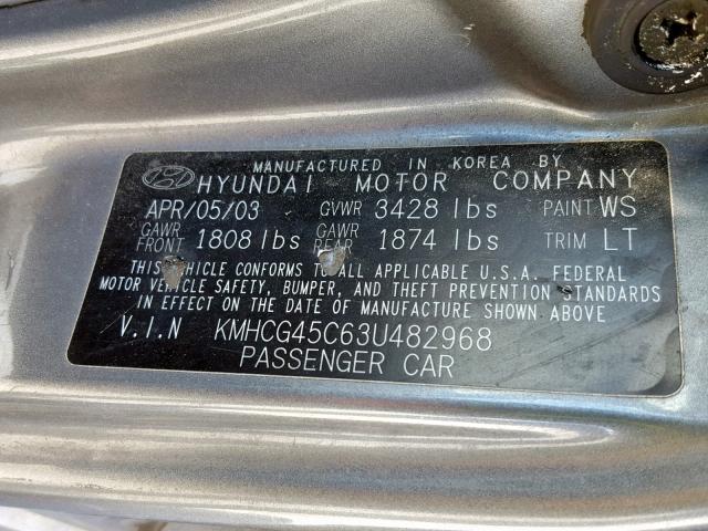 KMHCG45C63U482968 - 2003 HYUNDAI ACCENT GL GRAY photo 10