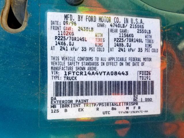 1FTCR14A4VTA08443 - 1997 FORD RANGER SUP GREEN photo 10