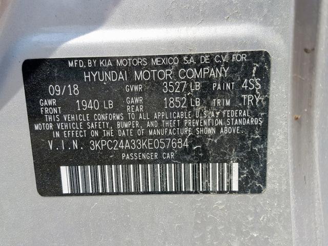 3KPC24A33KE057634 - 2019 HYUNDAI ACCENT SE SILVER photo 10