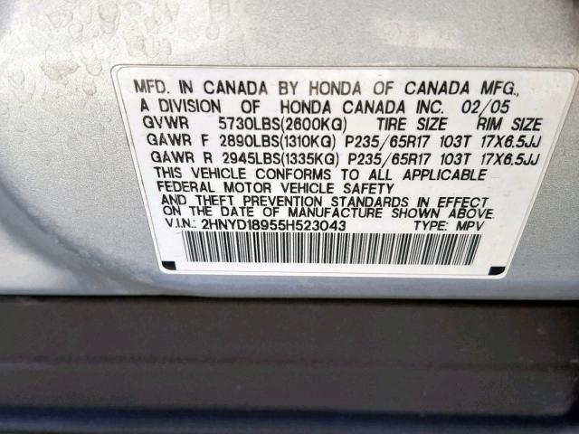 2HNYD18955H523043 - 2005 ACURA MDX TOURIN SILVER photo 10