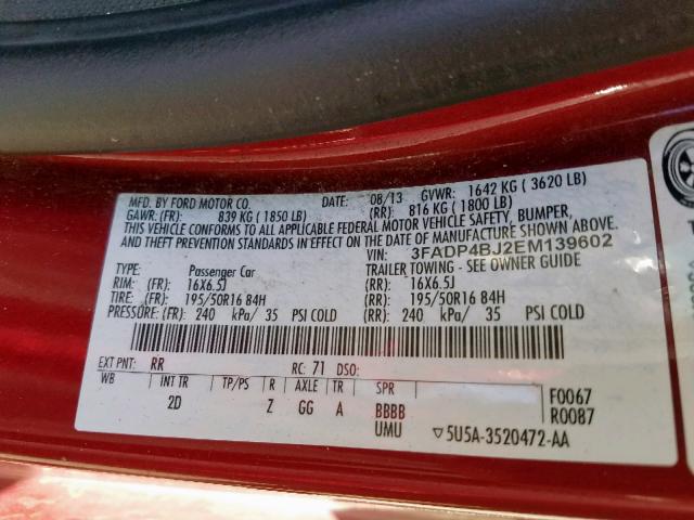 3FADP4BJ2EM139602 - 2014 FORD FIESTA SE RED photo 10