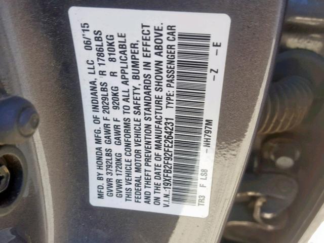 19XFB2F92FE264231 - 2015 HONDA CIVIC EXL GRAY photo 10