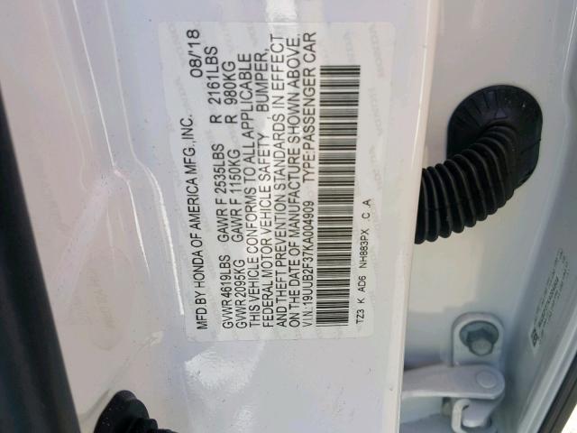 19UUB2F37KA004909 - 2019 ACURA TLX WHITE photo 10