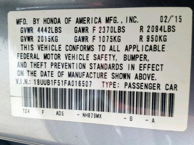 19UUB1F51FA016507 - 2015 ACURA TLX TECH SILVER photo 10