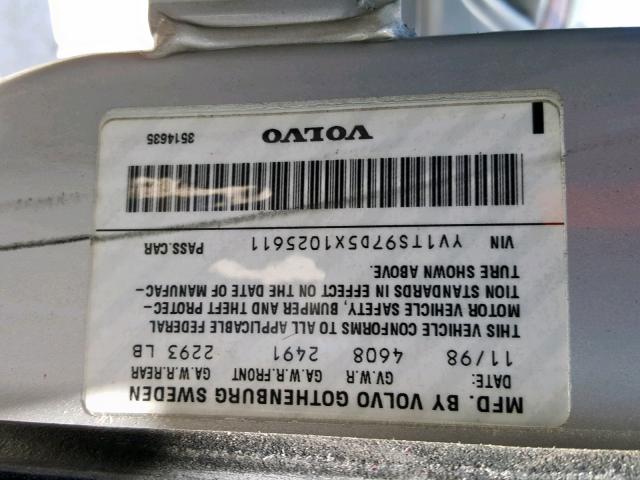 YV1TS97D5X1025611 - 1999 VOLVO S80 SILVER photo 10