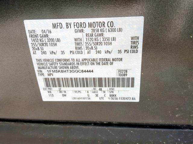 1FM5K8HT3GGC84444 - 2016 FORD EXPLORER P GRAY photo 10