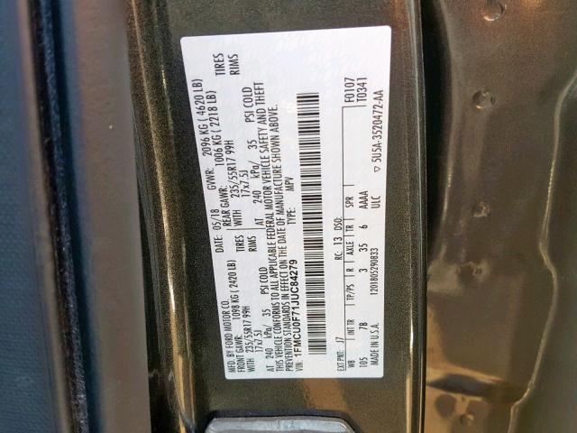 1FMCU0F71JUC84279 - 2018 FORD ESCAPE S GRAY photo 10