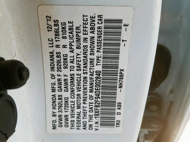 19XFB2F94DE002840 - 2013 HONDA CIVIC EXL 白色 照片 10