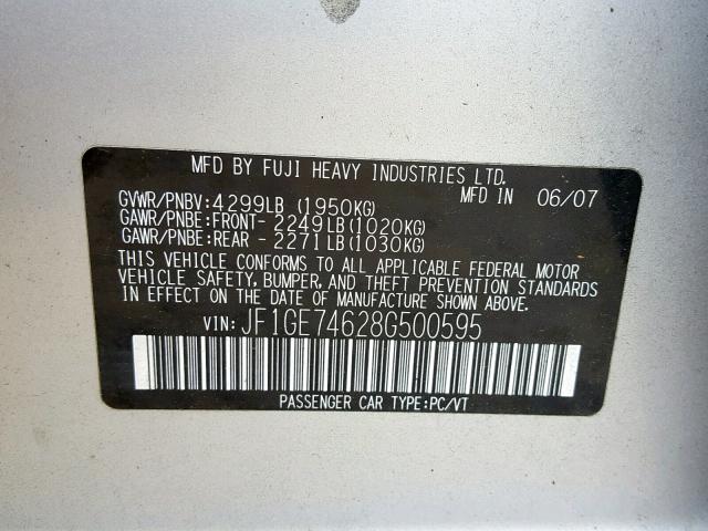 JF1GE74628G500595 - 2008 SUBARU IMPREZA WR SILVER photo 10