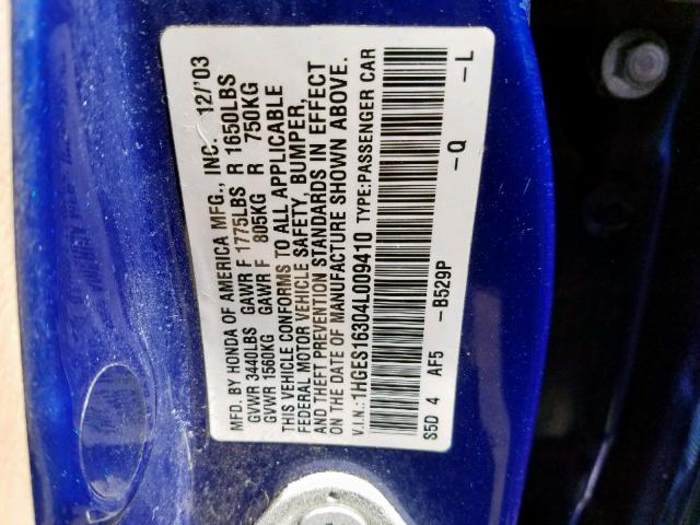 1HGES16304L009410 - 2004 HONDA CIVIC DX V BLUE photo 10