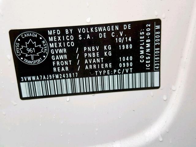 3VWWA7AJ9FM243817 - 2015 VOLKSWAGEN JETTA TDI WHITE photo 10