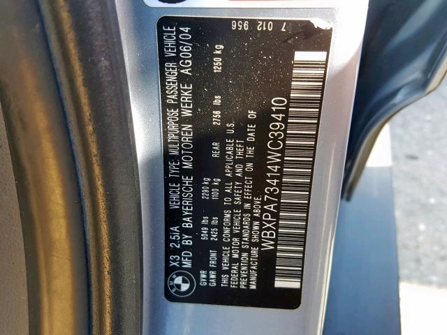 WBXPA73414WC39410 - 2004 BMW X3 2.5I BLUE photo 10