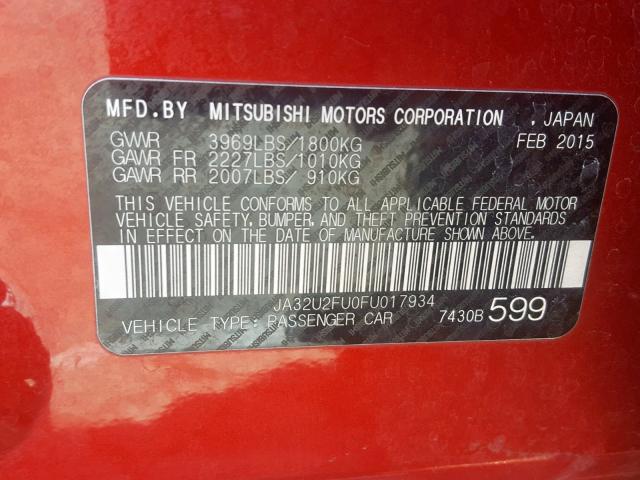 JA32U2FU0FU017934 - 2015 MITSUBISHI LANCER ES RED photo 10