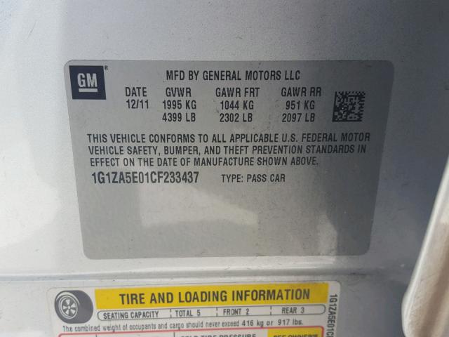 1G1ZA5E01CF233437 - 2012 CHEVROLET MALIBU LS SILVER photo 10