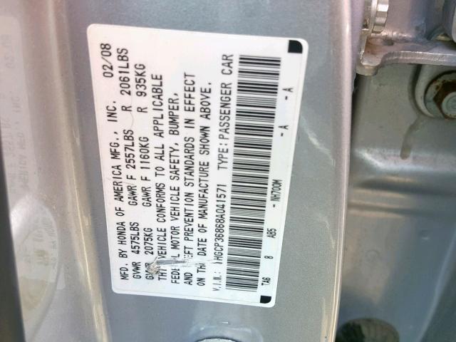 1HGCP36868A041571 - 2008 HONDA ACCORD EXL SILVER photo 10