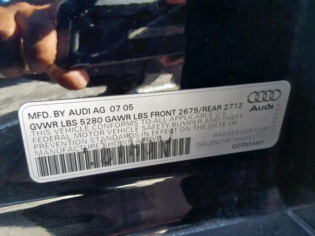 WAUDG74F76N043117 - 2006 AUDI A6 3.2 QUA BLACK photo 10