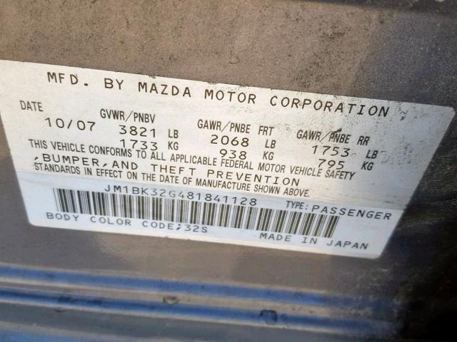 JM1BK32G481841128 - 2008 MAZDA 3 I GRAY photo 10