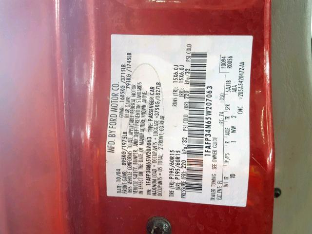 1FAFP34N65W207063 - 2005 FORD FOCUS ZX4 RED photo 10