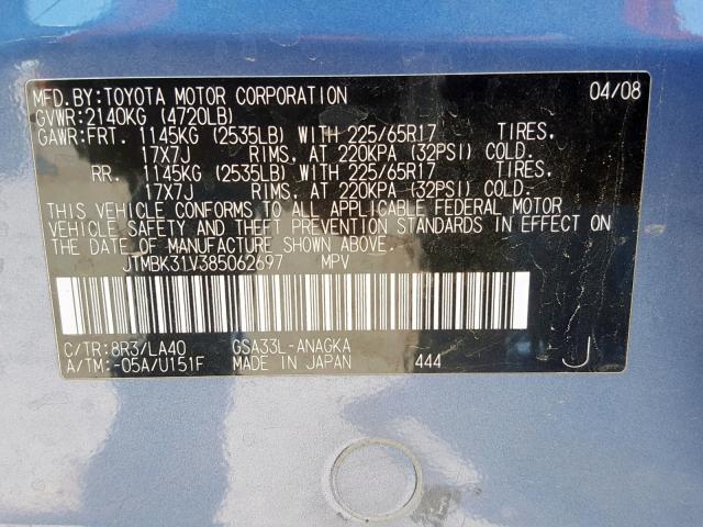 JTMBK31V385062697 - 2008 TOYOTA RAV4 LIMIT BLUE photo 10