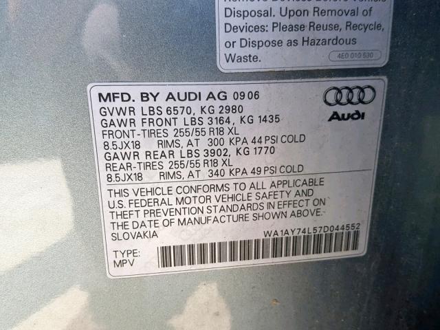 WA1AY74L57D044552 - 2007 AUDI Q7 3.6 QUA BLUE photo 10