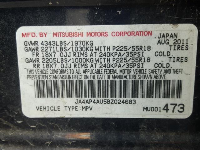 JA4AP4AU5BZ024683 - 2011 MITSUBISHI OUTLANDER BLUE photo 10