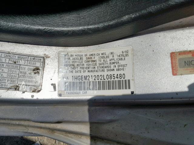 1HGEM21202L085480 - 2002 HONDA CIVIC DX SILVER photo 10