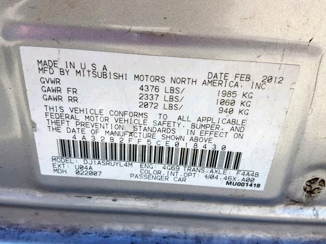 4A32B2FF5CE018430 - 2012 MITSUBISHI GALANT FE GRAY photo 10