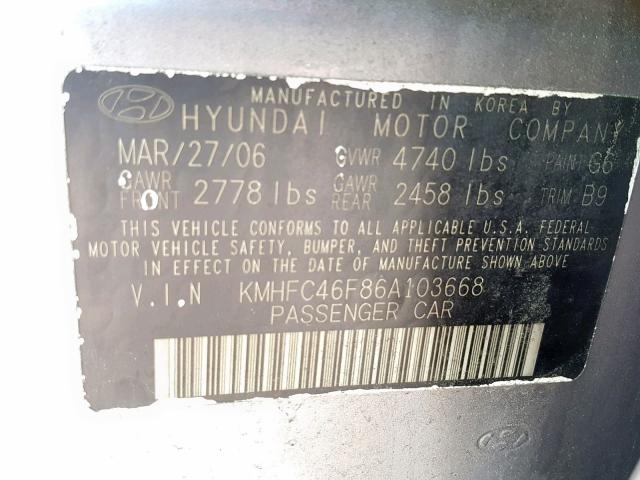 KMHFC46F86A103668 - 2006 HYUNDAI AZERA SE SILVER photo 10