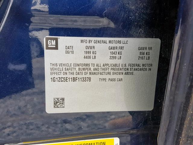 1G1ZC5E11BF113378 - 2011 CHEVROLET MALIBU 1LT 蓝色 照片 10